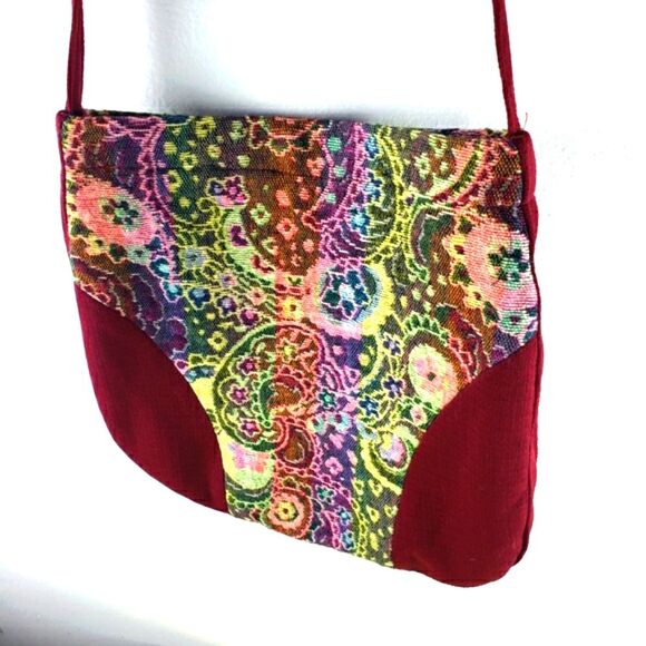 Women's Vintage Rainbow Paisley Red Material Zip Closure Crossbody - Picture 10 of 10